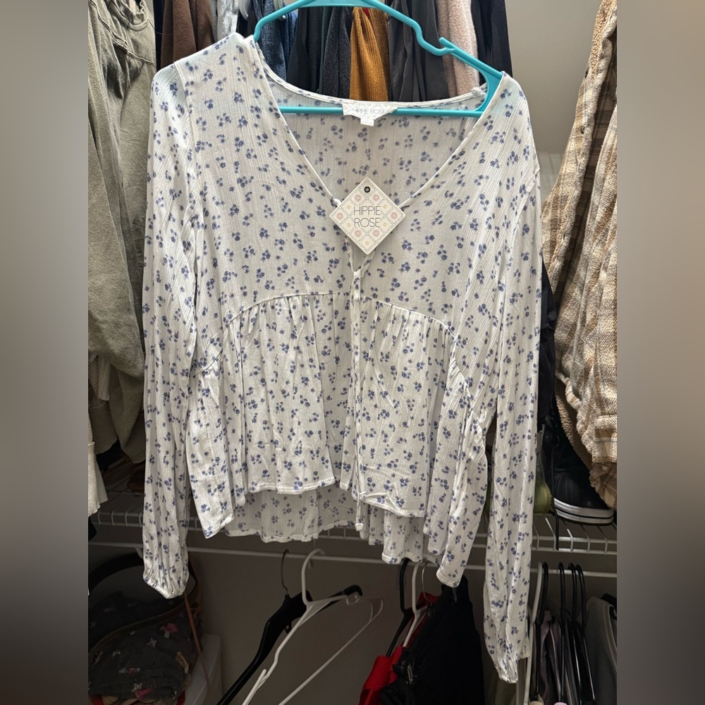 Hippie Rose Blue and White Long Sleeve Tie Front Blouse
